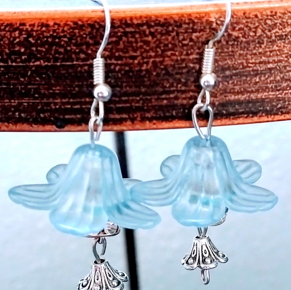 Sterling and Blue Flower Drop Earrings - Picture 4 of 4